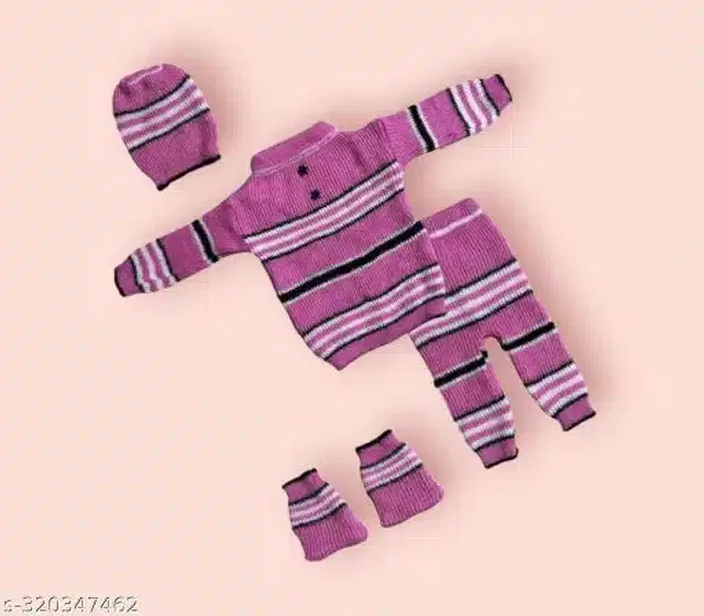 Woolen Striped Sweater with Pyjama & Cap with Socks for Kids (Pink, 0-6 Months)