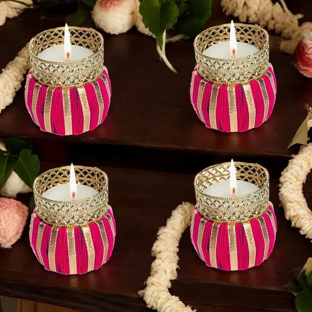 Metal Designer Tealight Candle Holder, Pink, 4.5x4.5x5 cm, Pack of 4