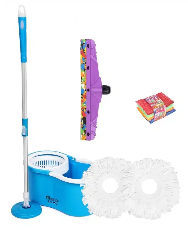 PVC Magic Spin Bucket Mop with 2 Refill & Cleaning Accessories Set, Blue, Set of 3