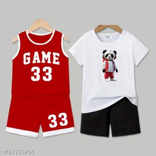 Cotton Blend Printed Clothing Set for Boys, Red & White, Pack Of 2 (6-7 Years)