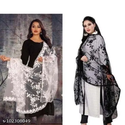 Floral Aari Work Embroidered Net Dupatta for Women, Pack of 2 (White, Free Size)