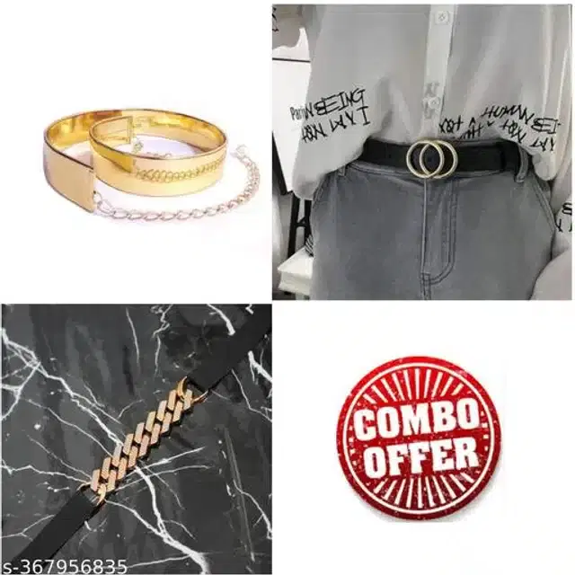 Fancy Belts for Women, Pack of 3 (Gold & Black)