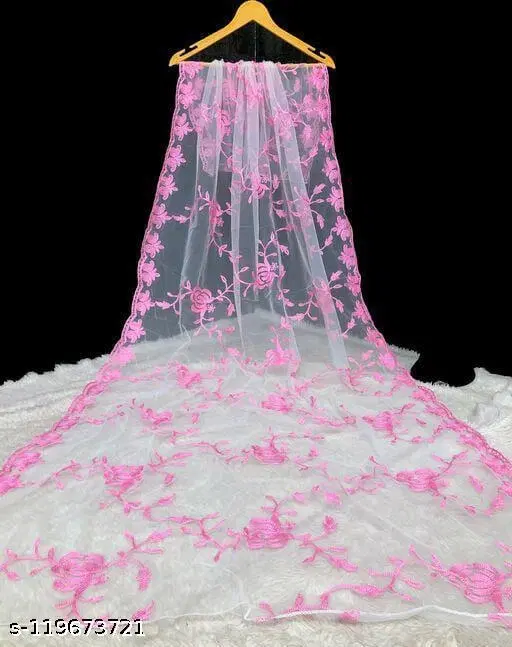Embroidered Banarasi Net Floral Sewing & Embroidery (Pink, Free Size)