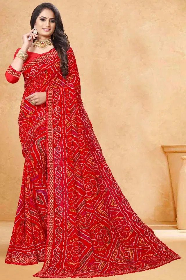 Kanooda Prints Fancy Women Georgette Printed Bandhani Saree (Red) (Kn-1)