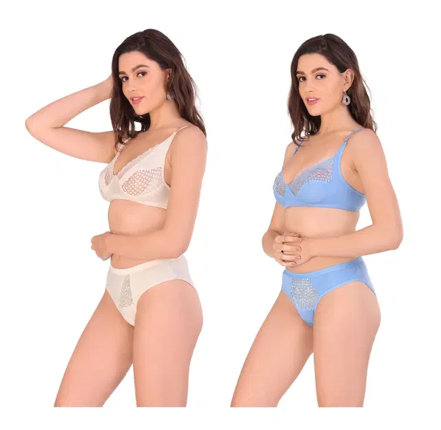 Cotton Blend Solid Non Padded Lingerie Set for Women, Pack of 2 (Multicolor, 30)