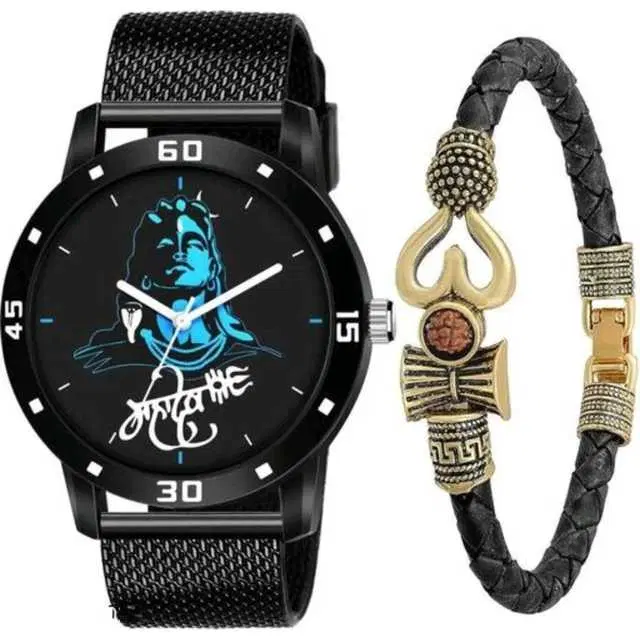 Casual PU Analog Watch With Bracelet Men, Pack Of 2 (Black) (MP-408)