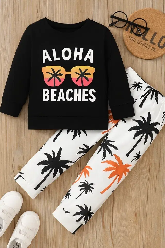 Hoisery Printed Clothing Set for Boys (Black, 6-12 Months)