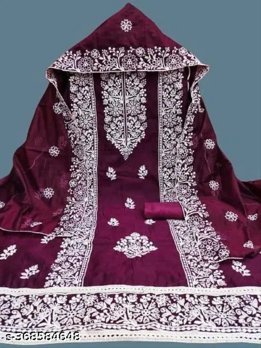 Chanderi Cotton Embroidered Punjabi/All Over Suits for Women (Purple, Un Stitched)