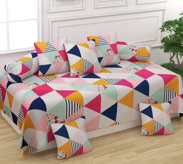 Cotton 3D Printed Diwan Set, Multicolor, Set of 8