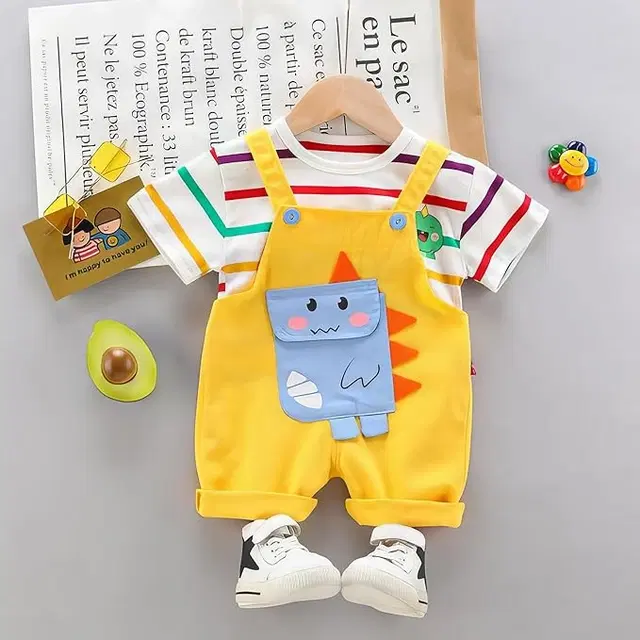 Cotton Blend Printed Dungarees for Boys, Yellow (0-6 Months)