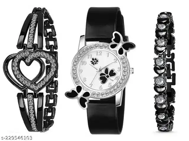 Analog Watch with 2 Pcs Braeclet for Women, Set of 3 (Multicolor)