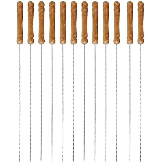 Stainless Steel Barbecue Skewers with Wooden Handle, Brown & Silver, 12 inches, Pack of 12