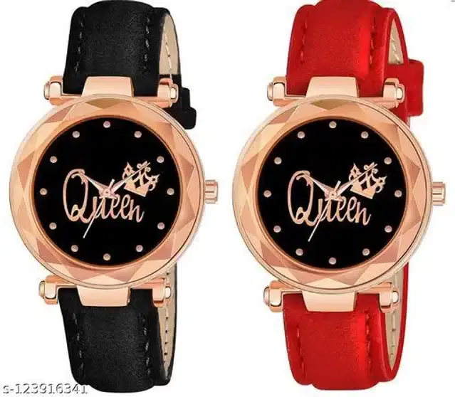 Analog Watch for Women, Pack of 2 (Red & Black)