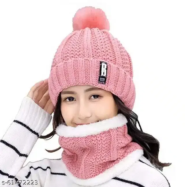 Winter Cap With Muffler For Women, Set Of 1 (Pink)