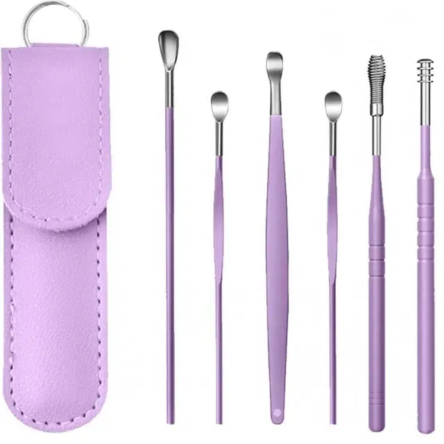 Resuable Ear Cleaner Tool 6 pc Set with Storage Storage Leather Pouch (Multicolor)