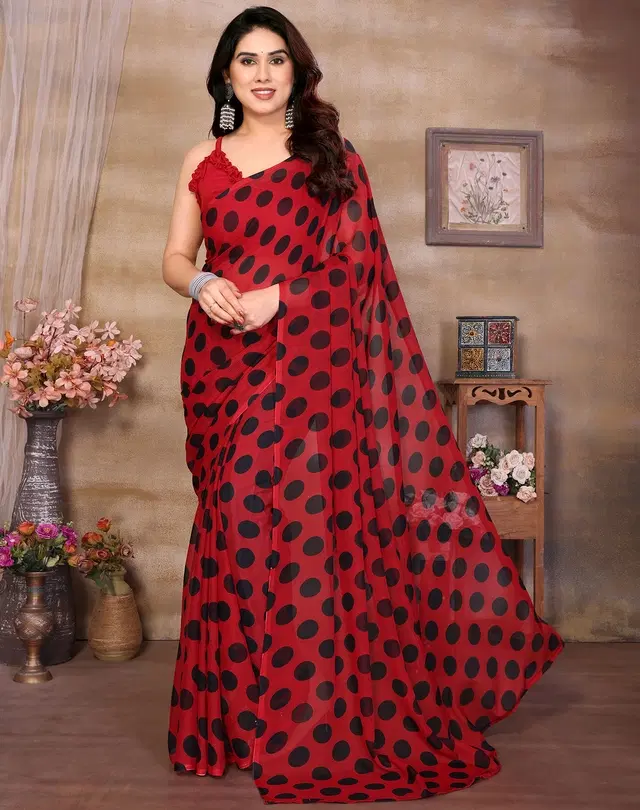Georgette Saree for Women, Polka Dot (Red, Free Size)