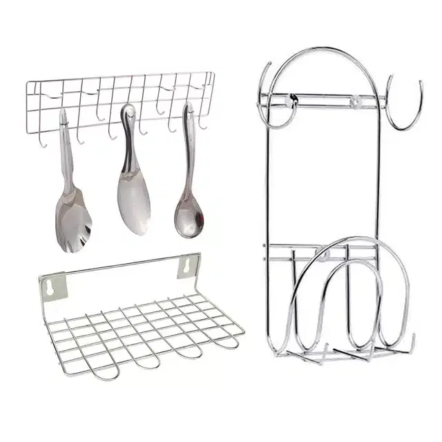 Stainless Steel Chakla Belan Stand & Wall Mounted Ladle Rail with Utensil Stand, Set of 3, Silver