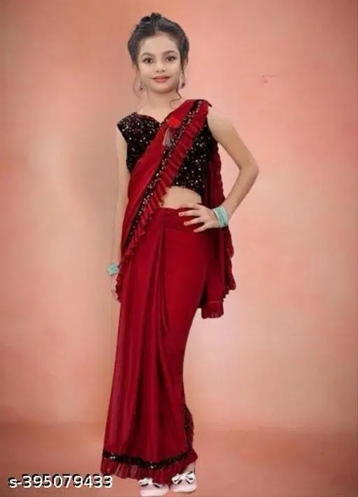 Lycra Solid Saree for Girls (Red, 8-9 Years)
