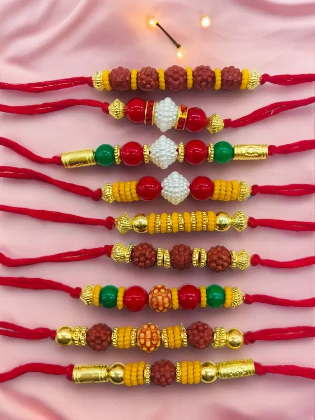Handmade Designer Rakhi with Roli Chawal, Multicolor, Pack of 9