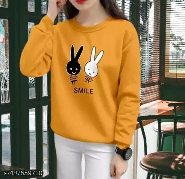 Cotton Blend Printed Sweatshirt for Women (Mustard, S)