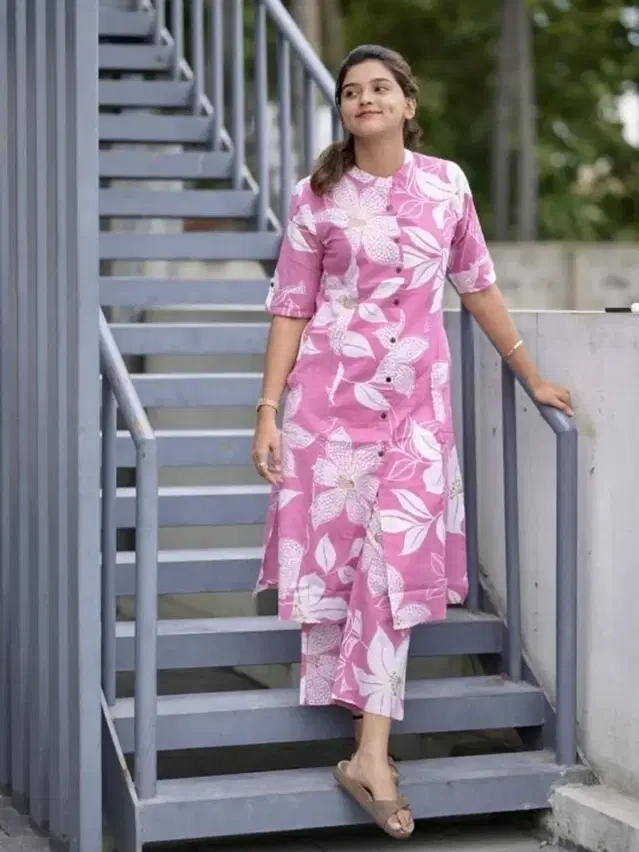 Cotton Blend Kurta Set for Women (Pink, XXL)