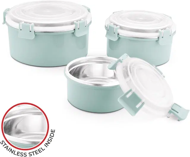 Stainless Steel Microwave Safe Leak & Spill Proof 3 Containers Lunch Box Set, Aqua Blue, Set of 1