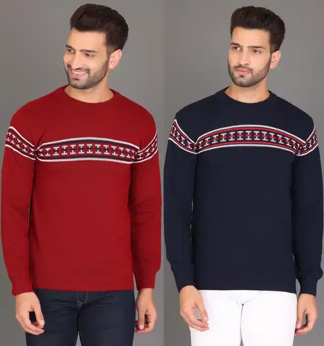 Cotton Jersey Printed Sweater for Men, Pack of 2 (Maroon & Navy Blue, M)