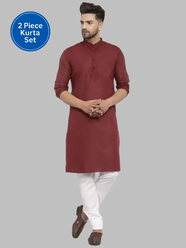 Cotton Blend Solid Kurta with Pyjama Set for Men, Maroon & White (M)