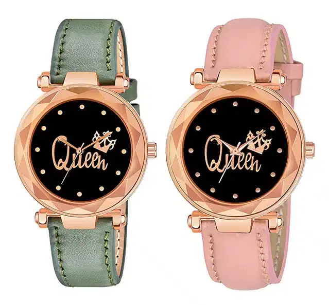Designer Leather Analog Watch for Women & Girls, Pack of 2 (Green & Peach)