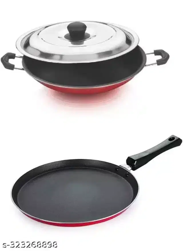Xtend Nonstick Dosa Tawa, 27.5 cm & Appachetty with Lid, 23 cm, Red, Pack of 2