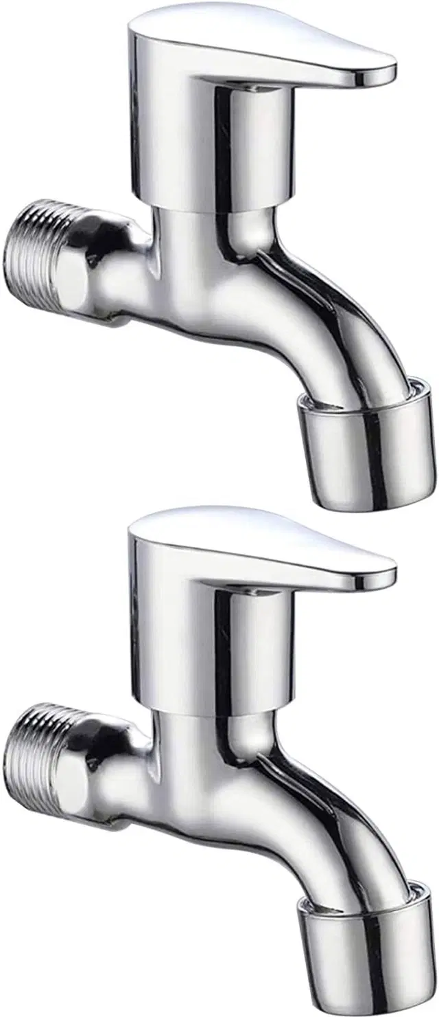 Stainless Steel Short Body Bib Cock Tap with Wall Flange, Silver, Set of 2