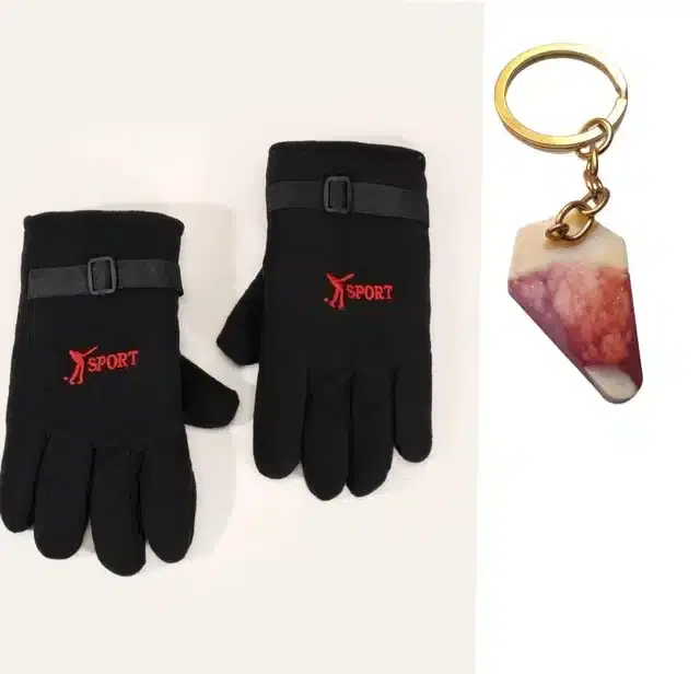 Fleece Winter Gloves with Resin Keychain for Men, Combo of 2 (Black)