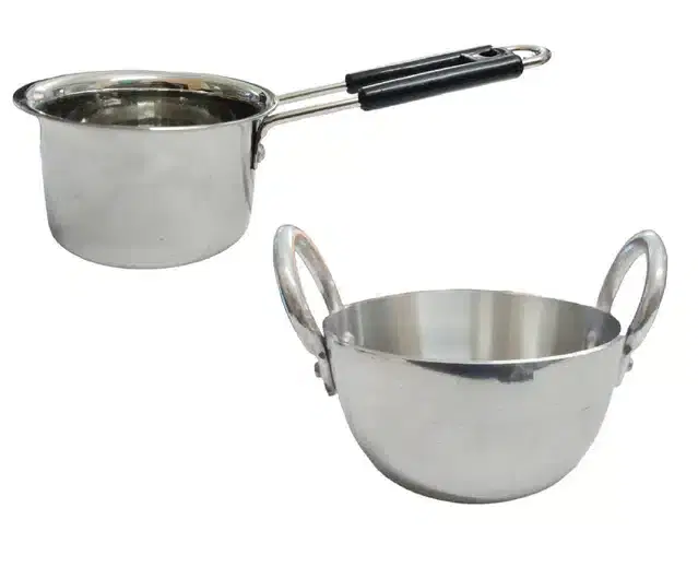 Aluminium Kadhai with Stainless Steel Saucepan, Silver, Set of 2