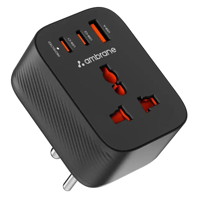 Ambrane 5-In-1 MultiPort Adapter With Universal Ac Socket, 2 X Type C, 2 X Usb, 2500w Ac Output, 20w Usb & Pd Output, Ideal For Tight Spaces/Bedside & Travels, Child Safety Shutter (Charge X20, Black)