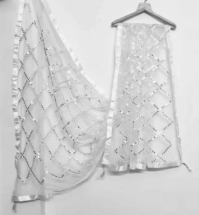 Net Self-Design Dupatta for Women (White, 2.2 m)