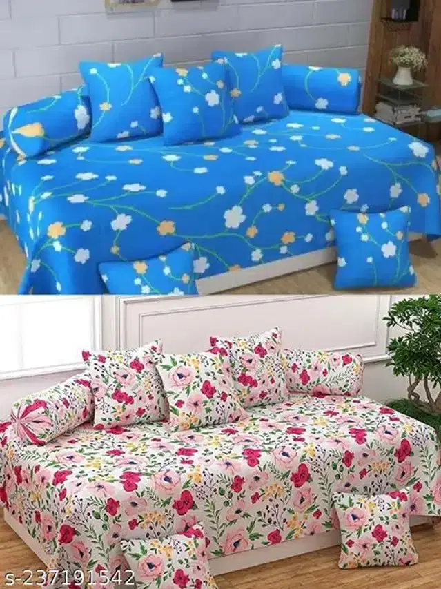 Polycotton Diwan Cover Set, Blue & Pink, Combo of 2