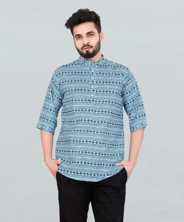 Cotton Blend Printed Kurta for Men (Blue, M)