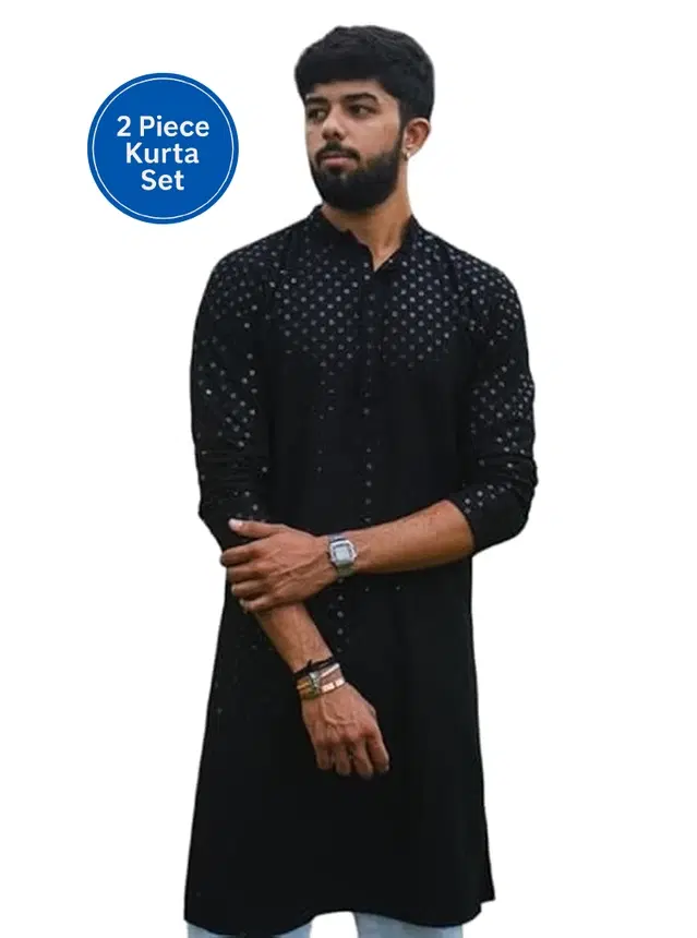 Cotton Blend Shiny Sequin Kurta for Men, Black (M)