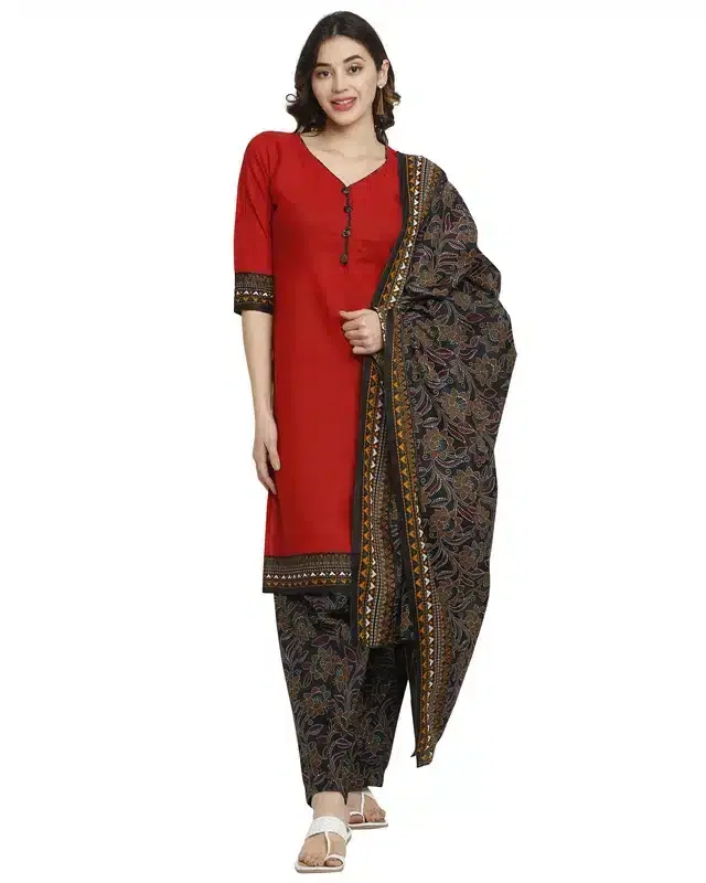 Cotton Blend Printed Unstitched Suit for Women, Red & Black)