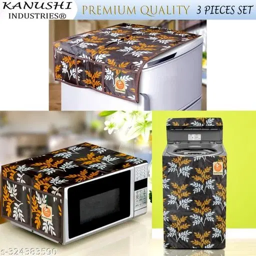 KANUSHI Industries® Fridge /Refrigerator Top Cover + 1 Pc Top Load Fully Automatic Washing Machine Cover + 1 Pc Microwave/Oven Top Cover(FRI+MICRO+WASMAC-FULLY-BROWN-SMALL-LEVS)