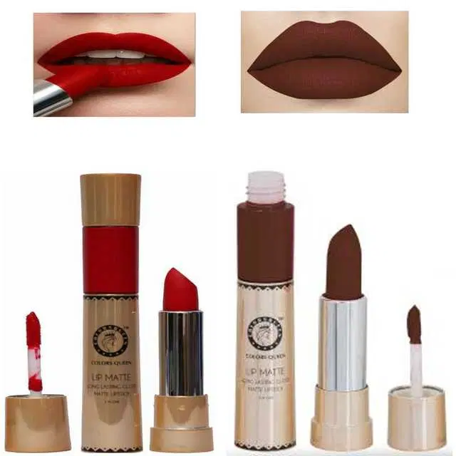 Combo of 1 Colors Queen Lip Matte Red 2 In 1 24 Hour Long Lasting Gloss And Matte Lipstick, 6&2 g & 1 Colors Queen Lip Matte Coffy 2 In 1 24 Hour Long Lasting Gloss And Matte Lipstick, 6&2 g, R880
