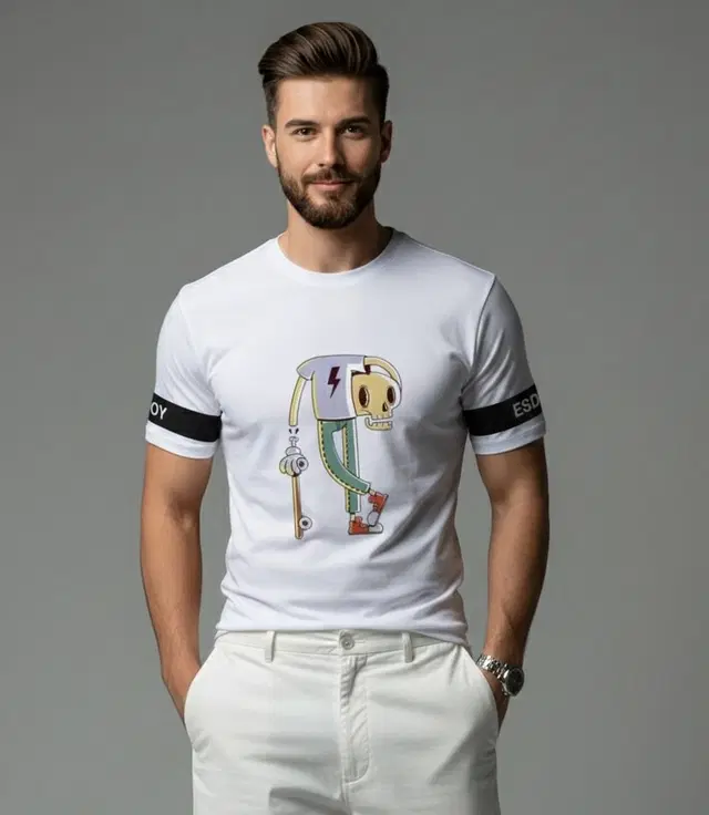 Polyester Printed T-shirt for Men, White (XL)