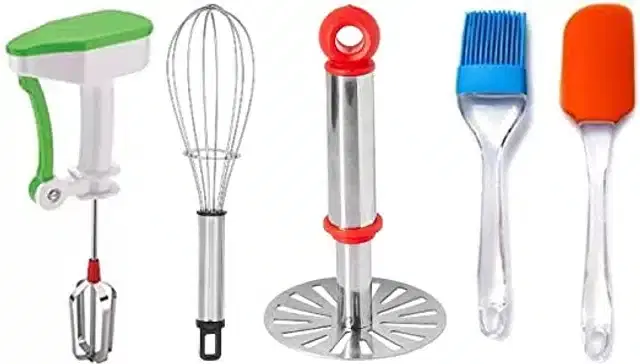 Combo of Hand Blender, Silicone Spatula Set with Steel Whisker & Masher, Pack of 5, Multicolor