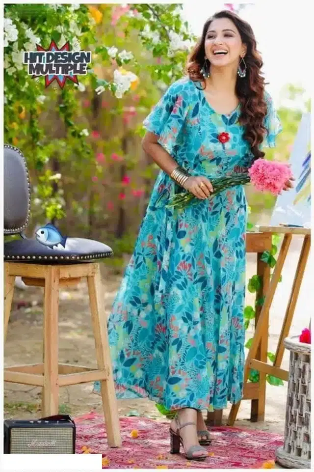 Women's Printed Anarkali Flared Gown (Blue, L)