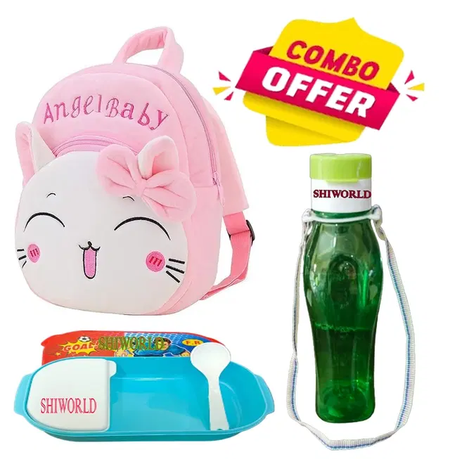 Combo of Fabric School Bag, Water Bottle with Lunch Box for Kids, Multicolor, Set of 3