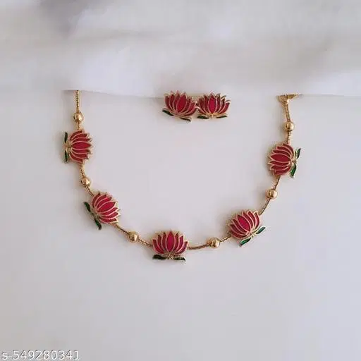 Golden Ball Advaita Enamel Lotus Short Neckpiece/Choker With Earring