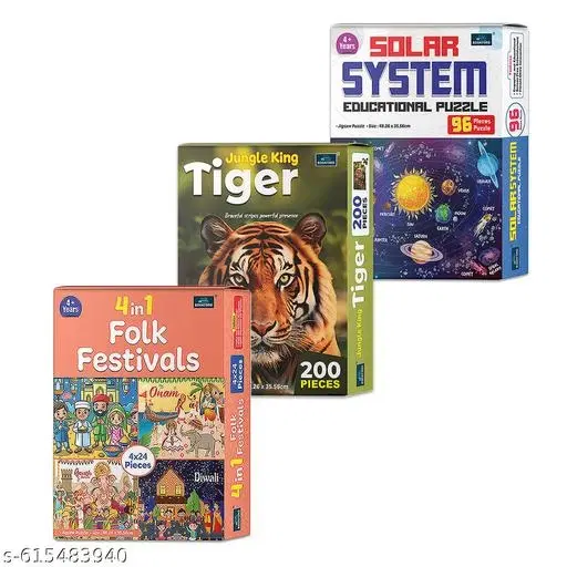 4 In 1 Folk Festivals + Solar System + Jungle King Tiger | Set of 3 Educational Jigsaw Puzzles for Kids | Brain Development, Problem Solving, Screen-Free Learning, Early Skill-Building Activity Toy for Children Ages 3–10