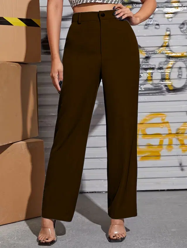 Mid Rise Solid Trousers & Pants for Womens (Brown, 26)