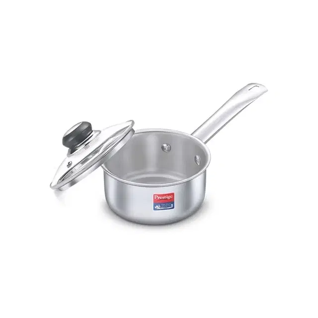 Prestige Tri Ply Splendor Stainless Steel Gas And Induction Compatible Sauce Pan With Glass Lid, 18cm, 2 L (Silver)