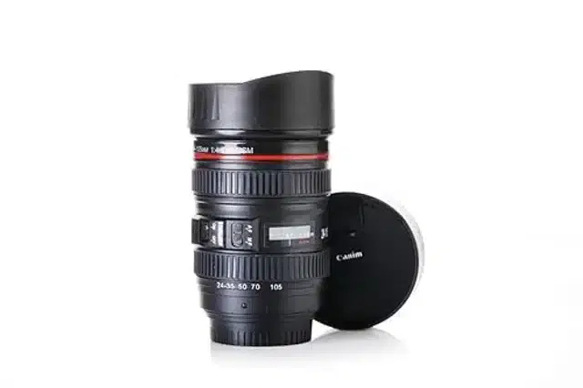 Plastic Camera Lens Shaped Coffee Mug with Lid, Black, 350 ml